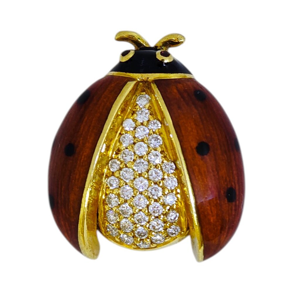 SOLD 18K Gold Enamel And Diamond Ladybug Brooch